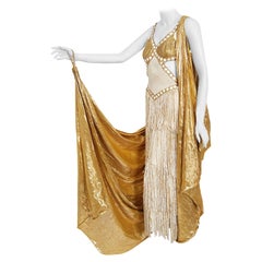 Vintage 1930er Jahre Metallic Gold Lamé Cut-Out Chenille Fransen Bühne Kostüm Kleid