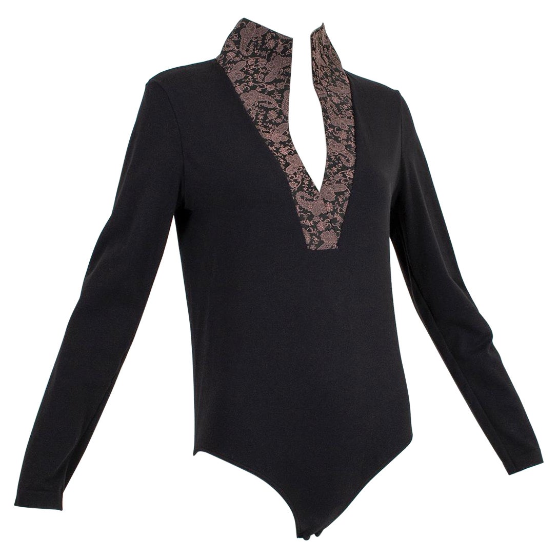 Wolford Black Queen Anne Neck Bodysuit with Paisley Jacquard Placket – L, 2000s