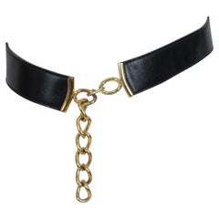 Calderon Anne Klein Black Wide Leather Belt with Dangling Gold Chain– S-M, 1960s