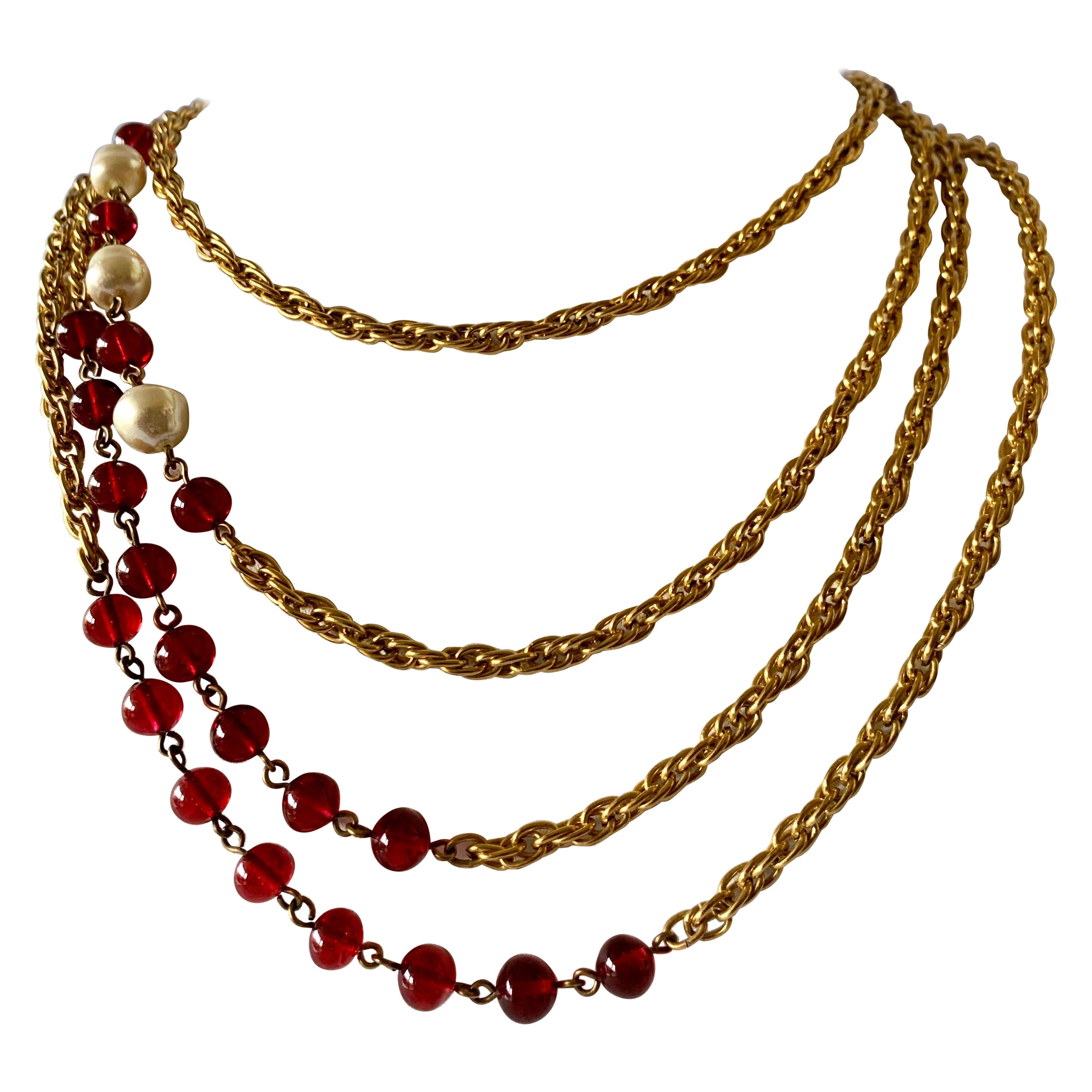 Vintage Chanel 1980s Red Glass and Pearl Necklace  For Sale