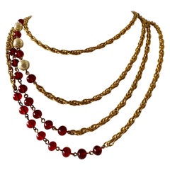 Vintage Chanel 1980s Red Glass and Pearl Necklace 