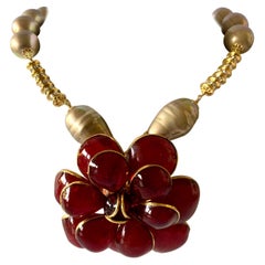 Red Camellia Necklace in Molten Glass with Gold Pearls