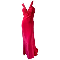 Oscar de la Renta VIntage Red Silk Evening Dress with Pleated Plunging Neckline