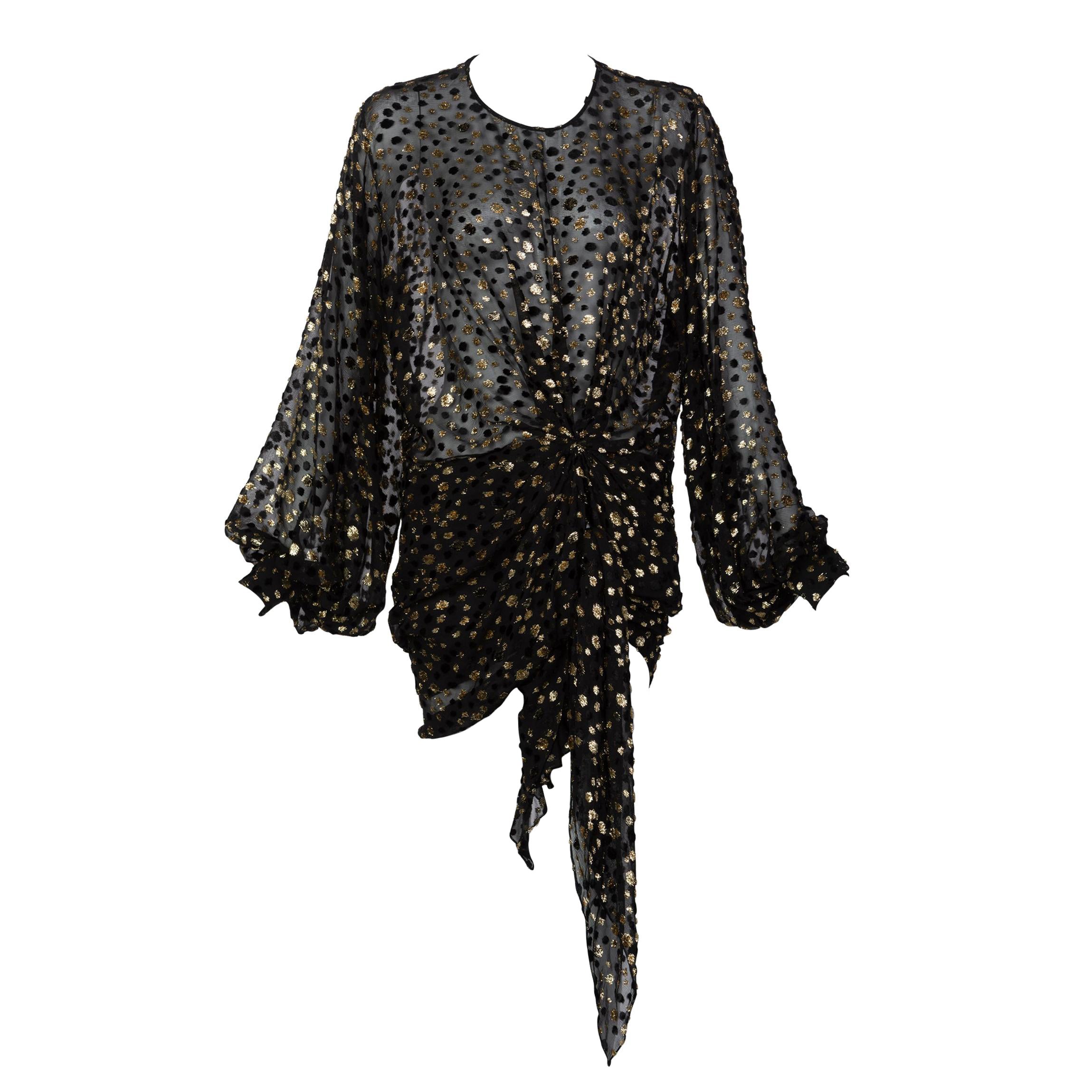 Saint Laurent Schwarzes durchsichtiges Tunika-Minikleid aus Seide und Gold mit Lurex und Punkten im Rückenausschnitt im Angebot