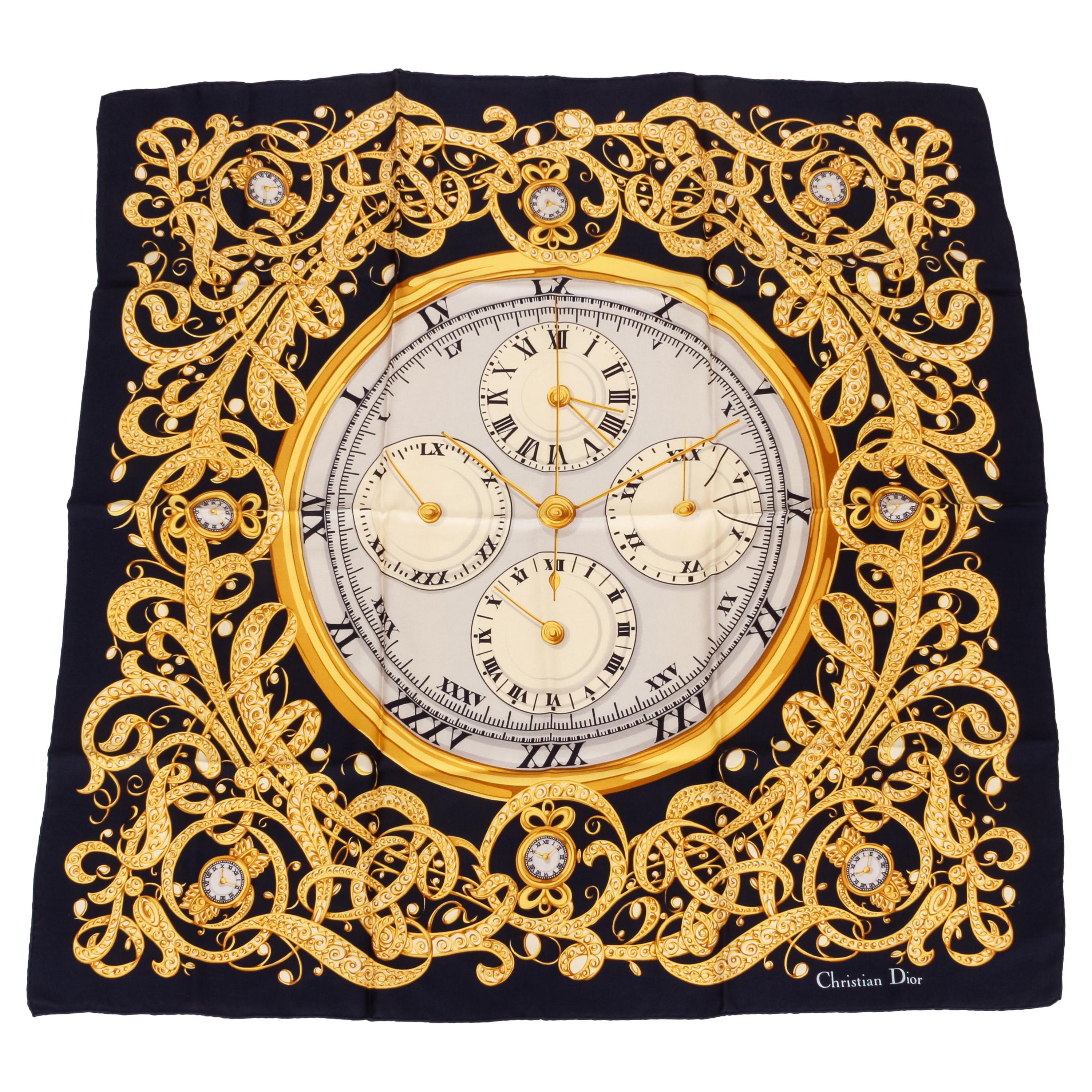 Dior Blue Yellow Clocks Silk Scarf For Sale