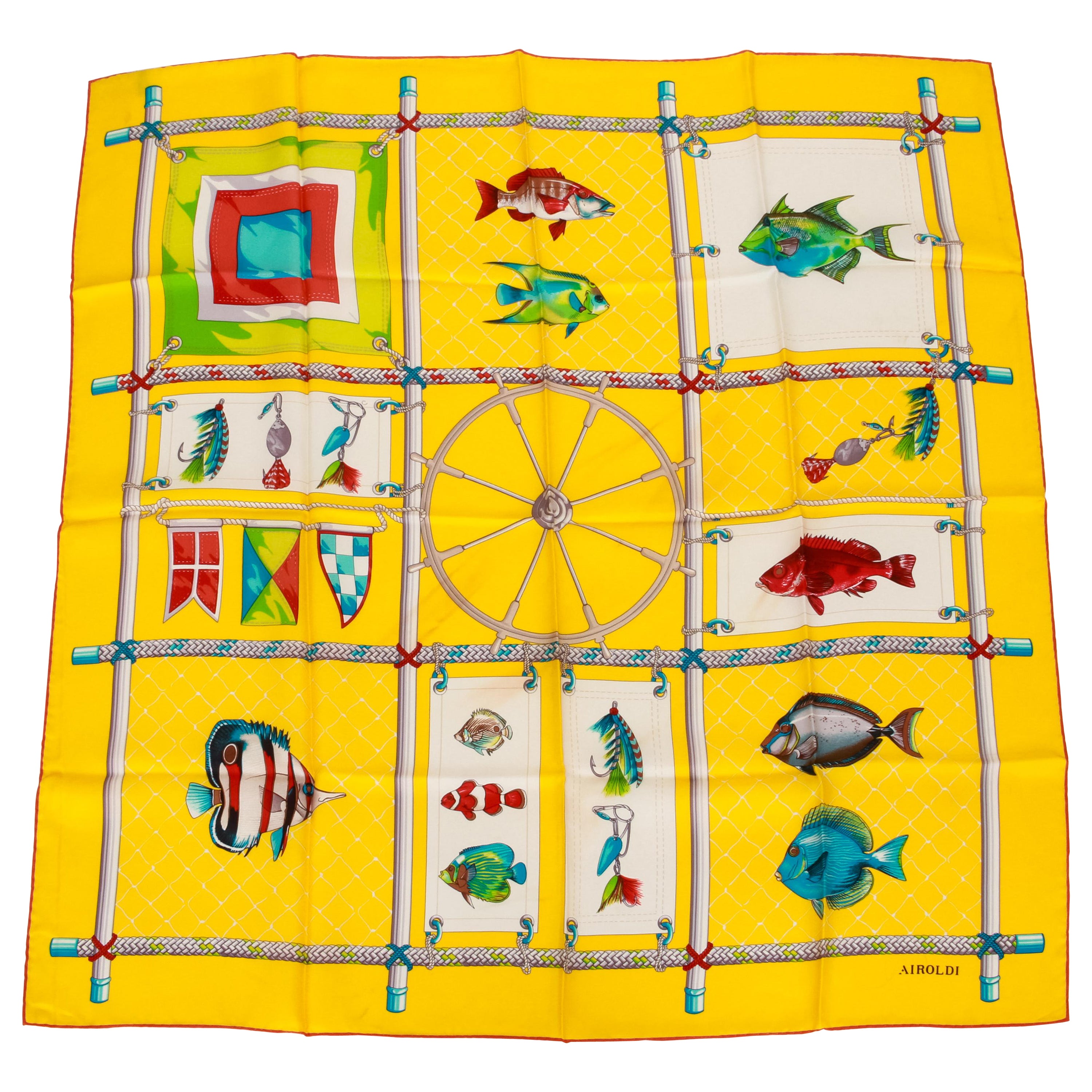 Airoldi Yellow Fish Silk Scarf For Sale