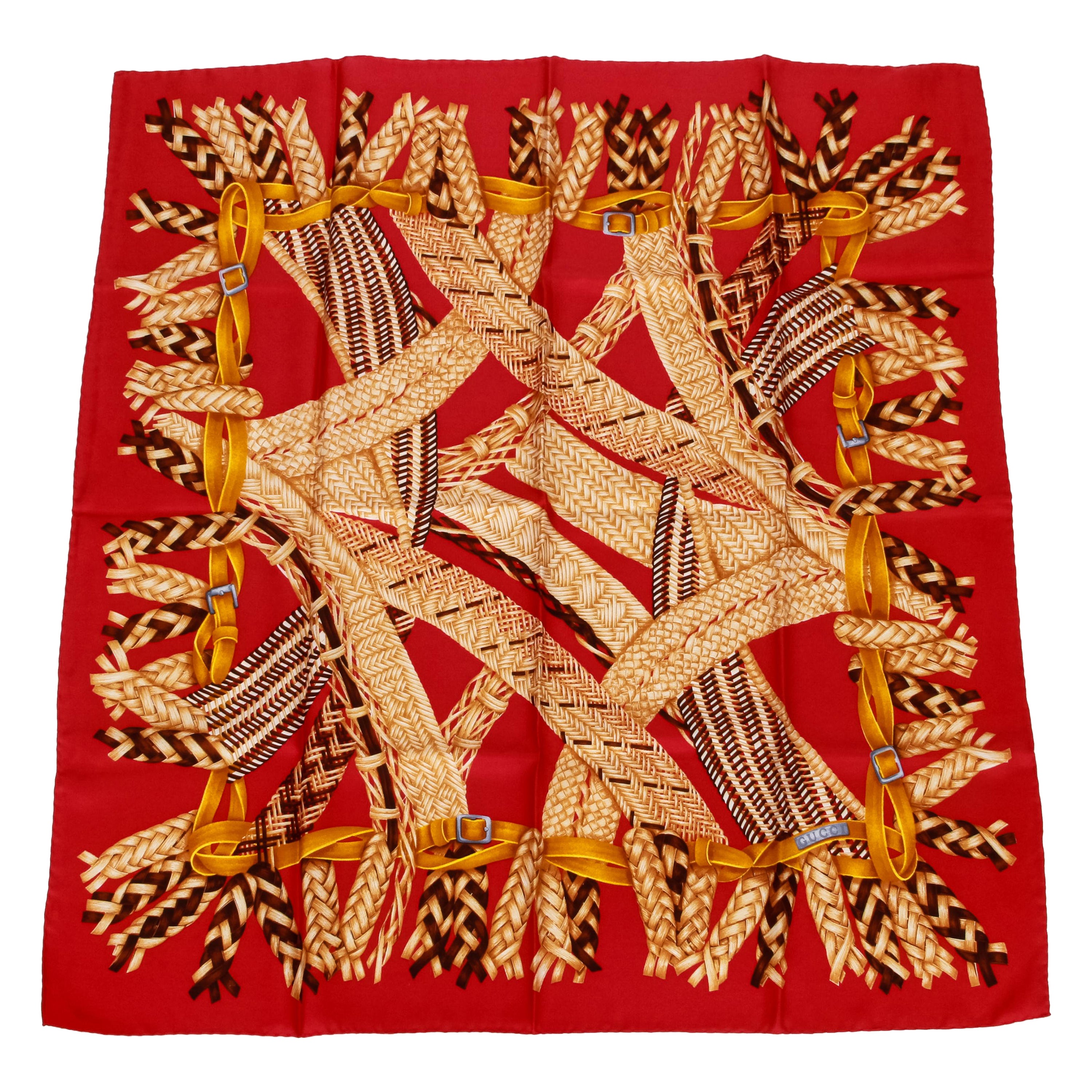 Gucci Red Straw Braids Silk Scarf For Sale