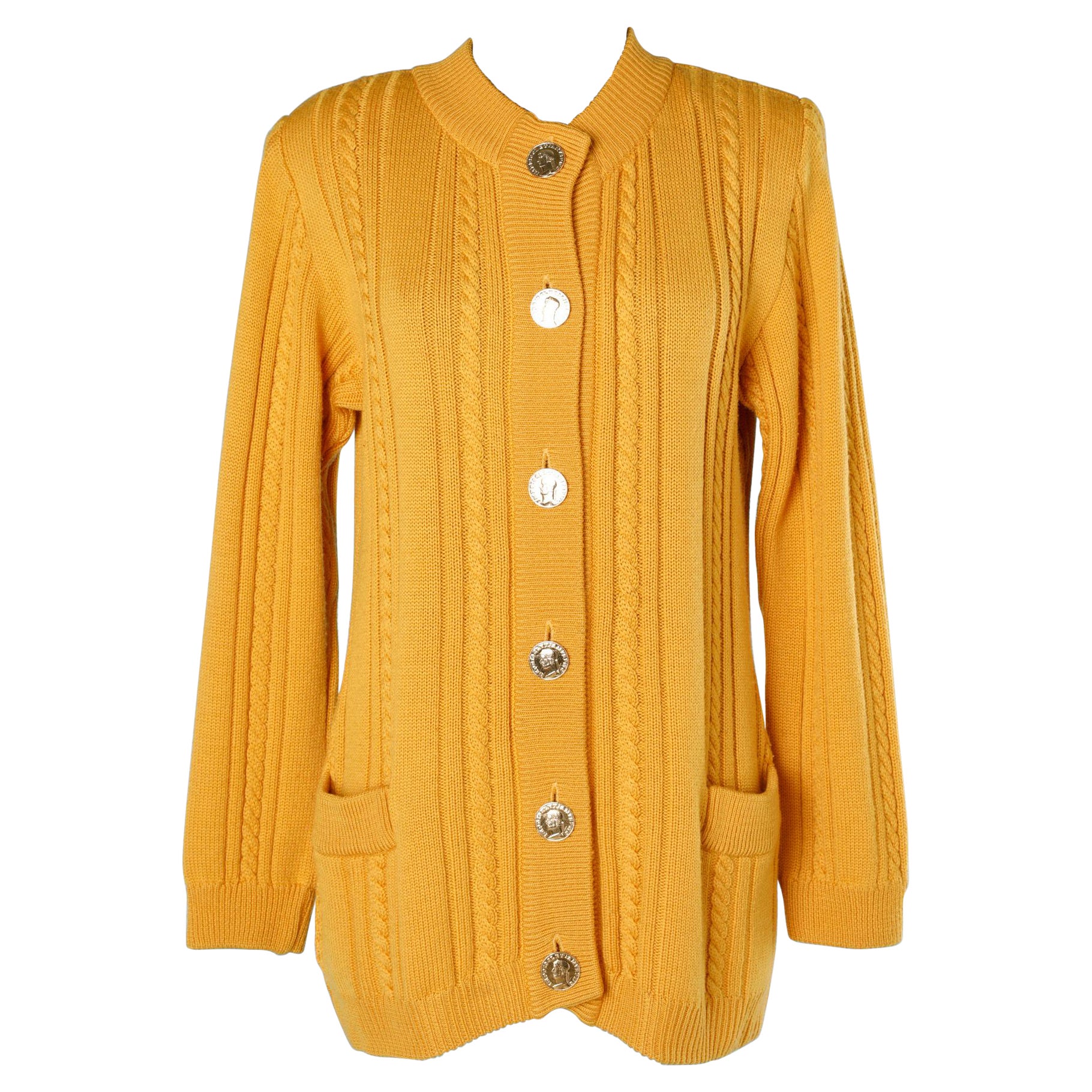 Mustard knit cardigan with gold metal buttons Yves Saint Laurent Rive Gauche  For Sale
