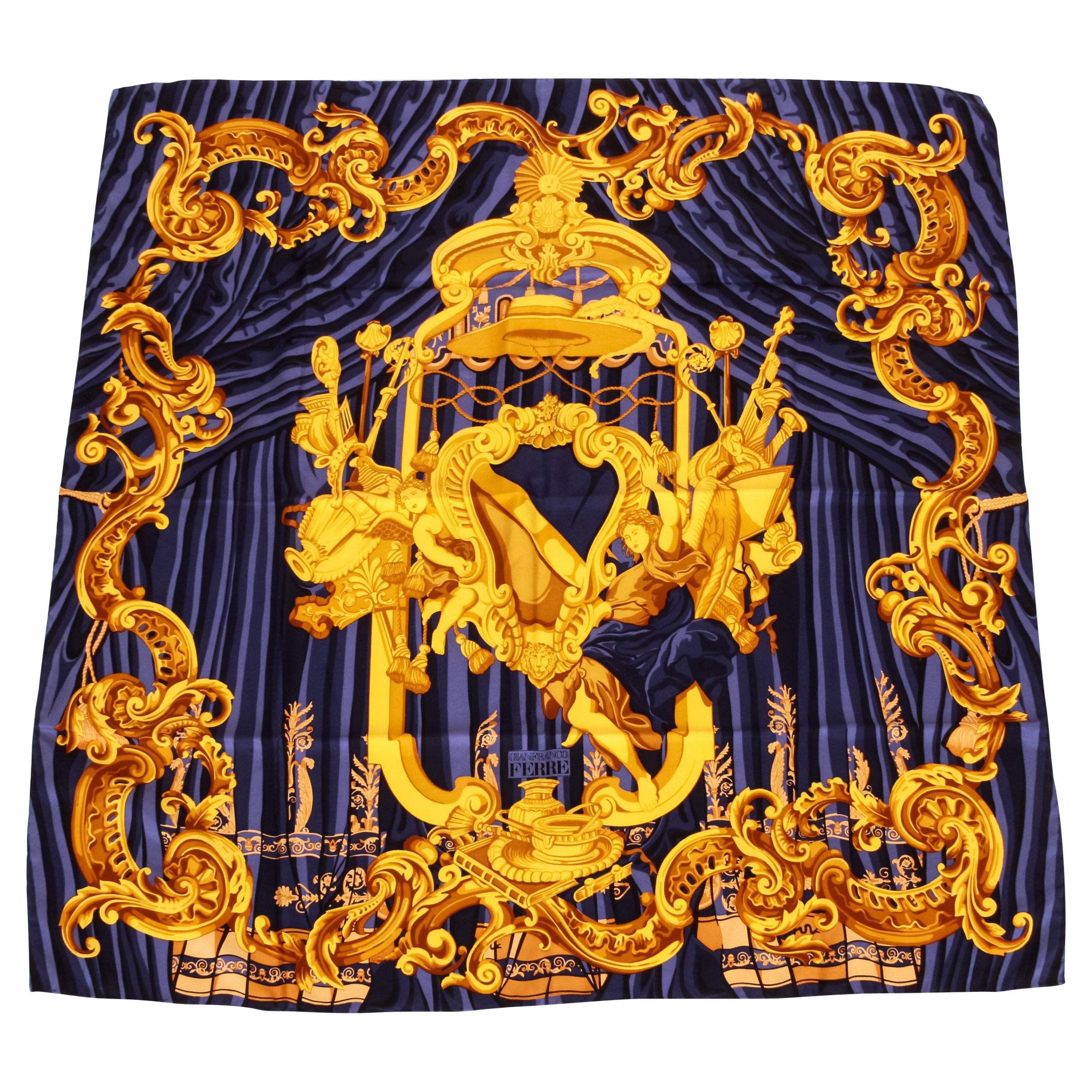 Gian Franco Ferre' 90s Blue Gold Scarf For Sale
