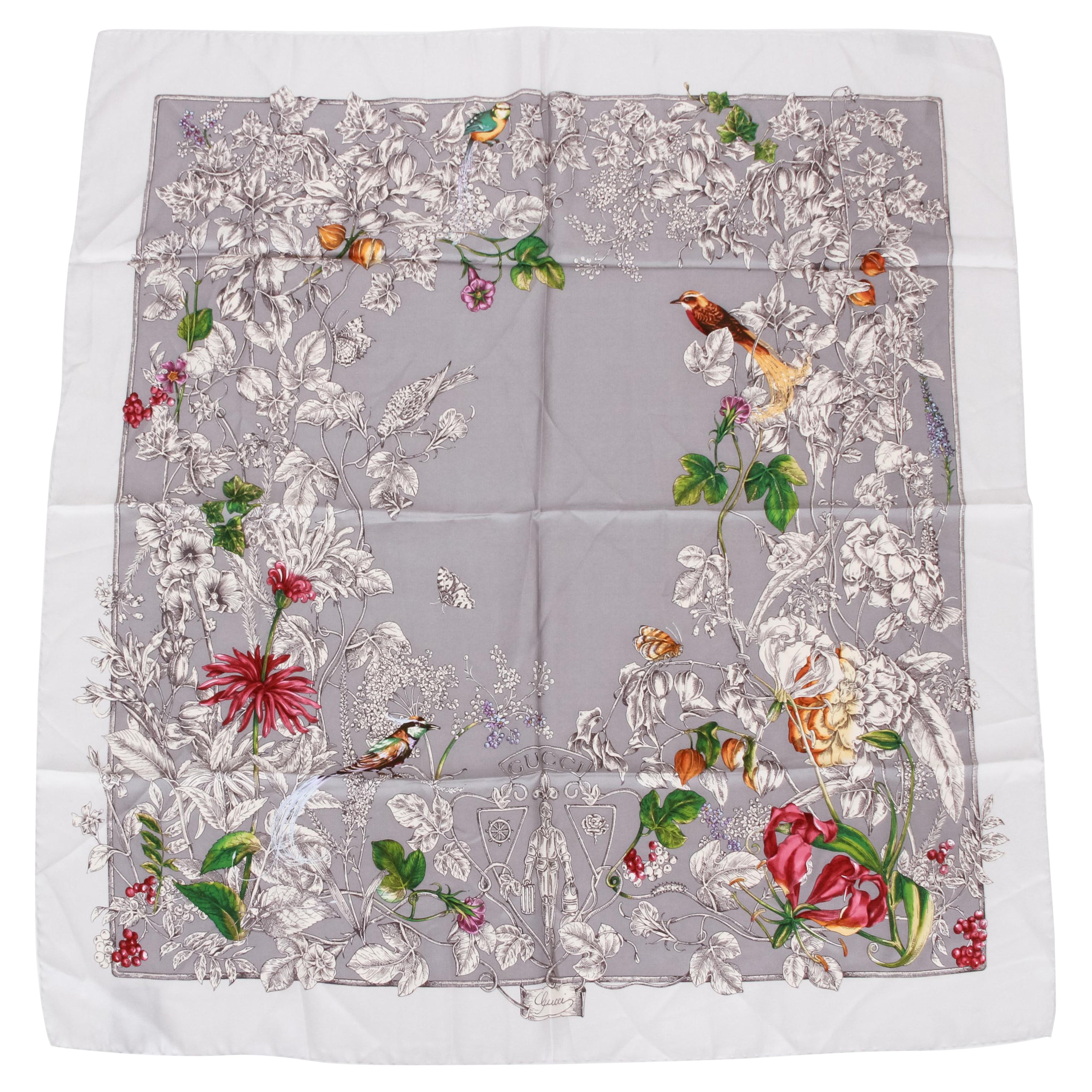 New Gucci Gray Silk Floral Scarf For Sale