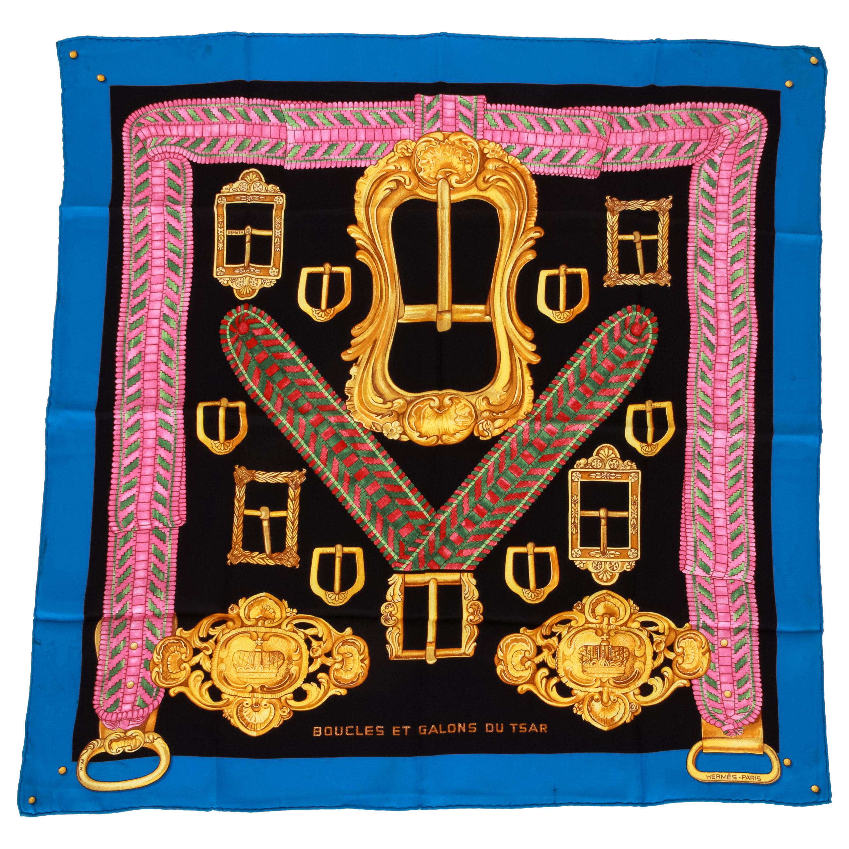 Foulard en soie noire Tsar Bleu de Hermes en vente