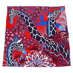 New Hermès Blue Red Giraffes Silk Scarf
