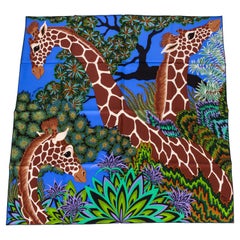 New Hermès Blue "Giraffes" Silk Scarf in Box