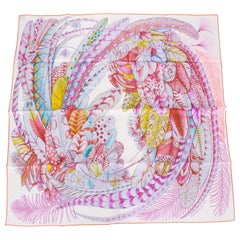 New Hermes Pink White Feather Silk Scarf in Box