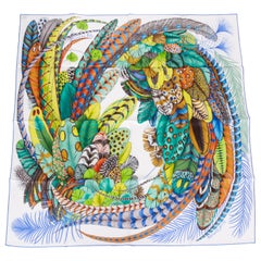 New Hermes  White Blue Feather Silk Scarf with Box