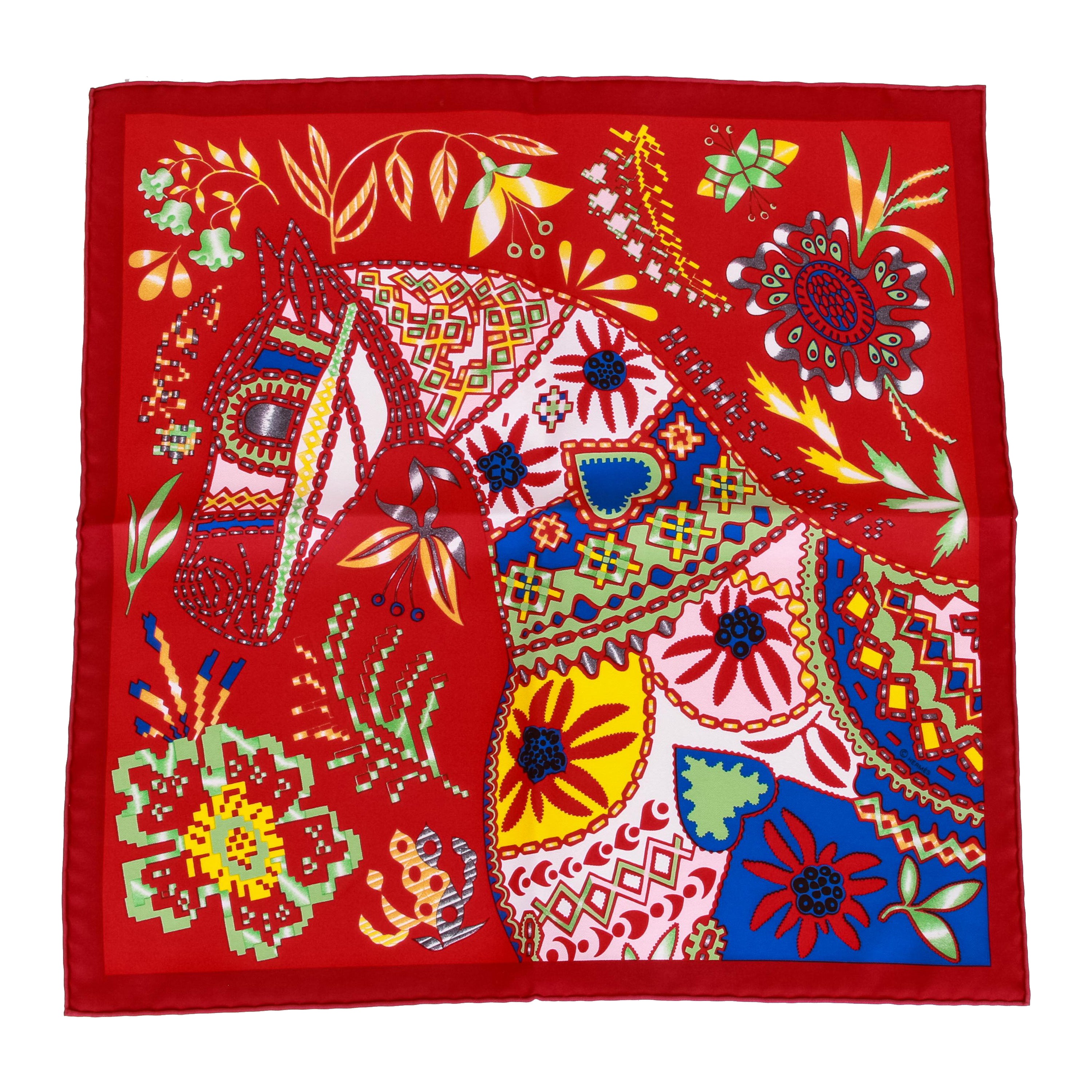 New Hermes Red Horse Silk Gavroche 16.5" Scarf in Box For Sale