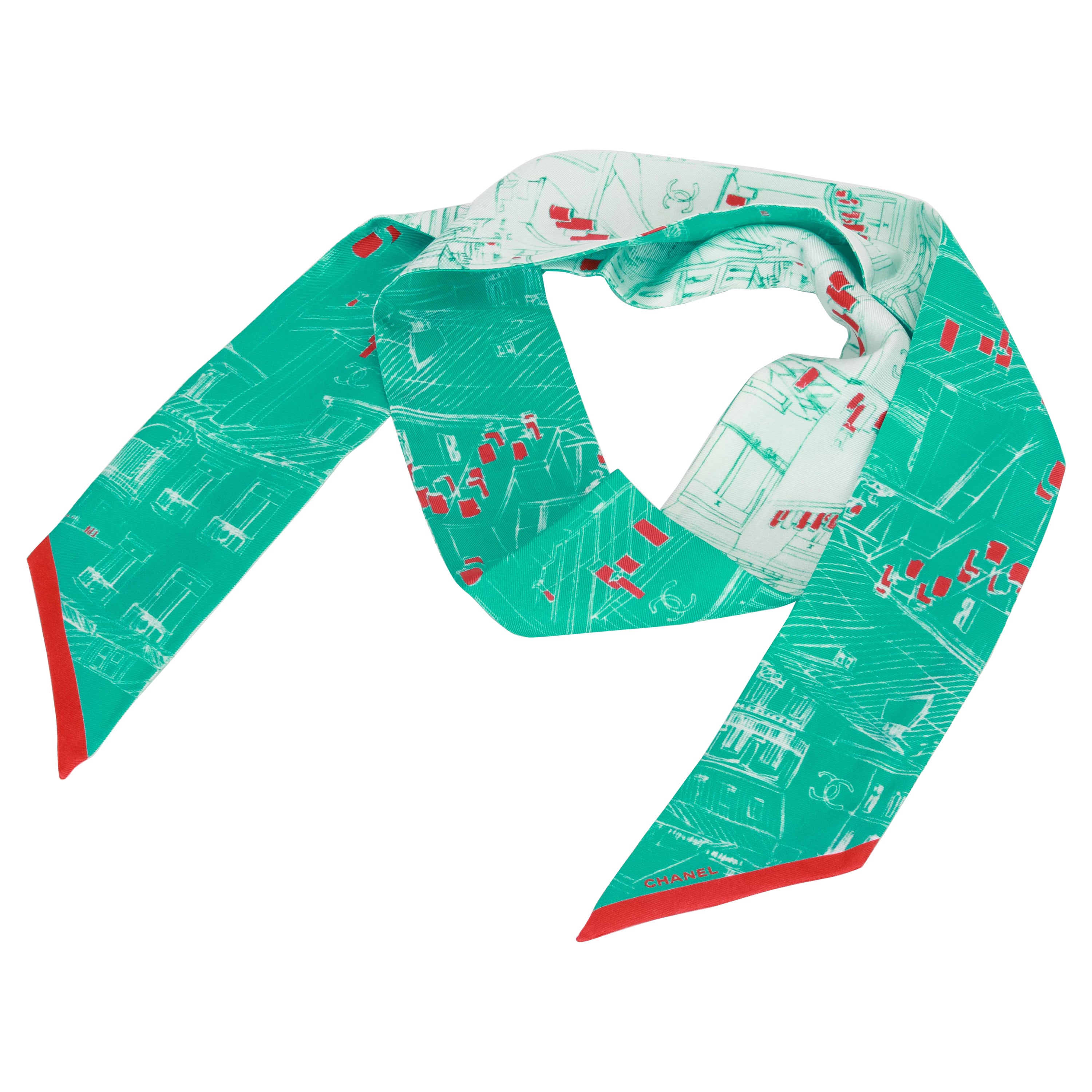 New Chanel Green Roofs Silk Twilly Scarf For Sale