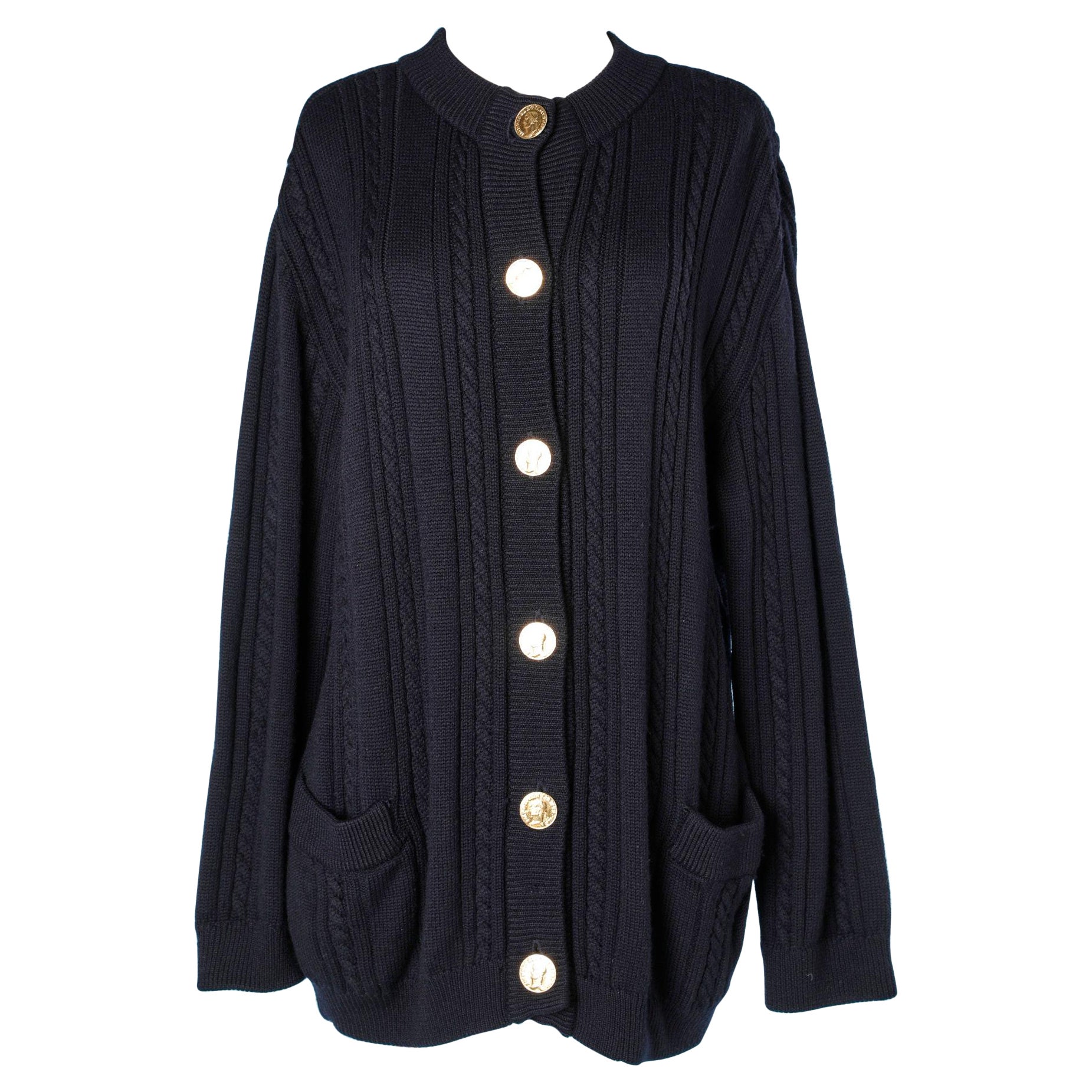 Navy blue wool cardigan with gold buttons Yves Saint Laurent Rive Gauche For Sale