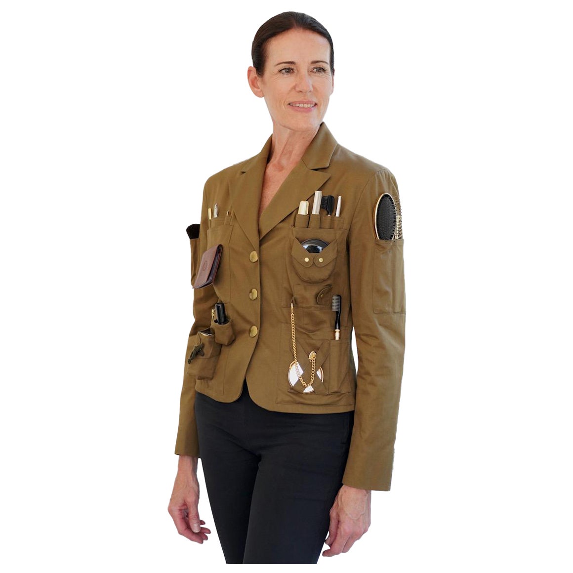 MOSCHINO COUTURE! Repetita Juvant S/S 1994 Khaki Beauty Tools "Survival Jacket" For Sale