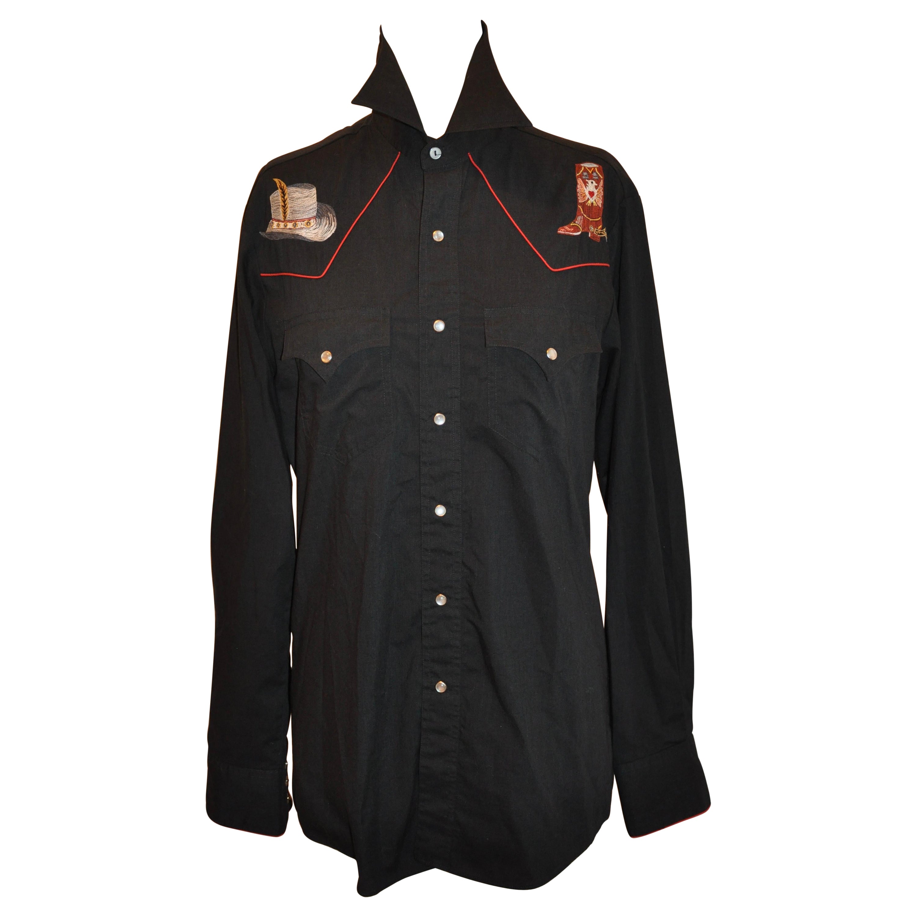 Kennington Tapered Rocking Ranch Detailed Embroidered Black Cotton Shirt  For Sale