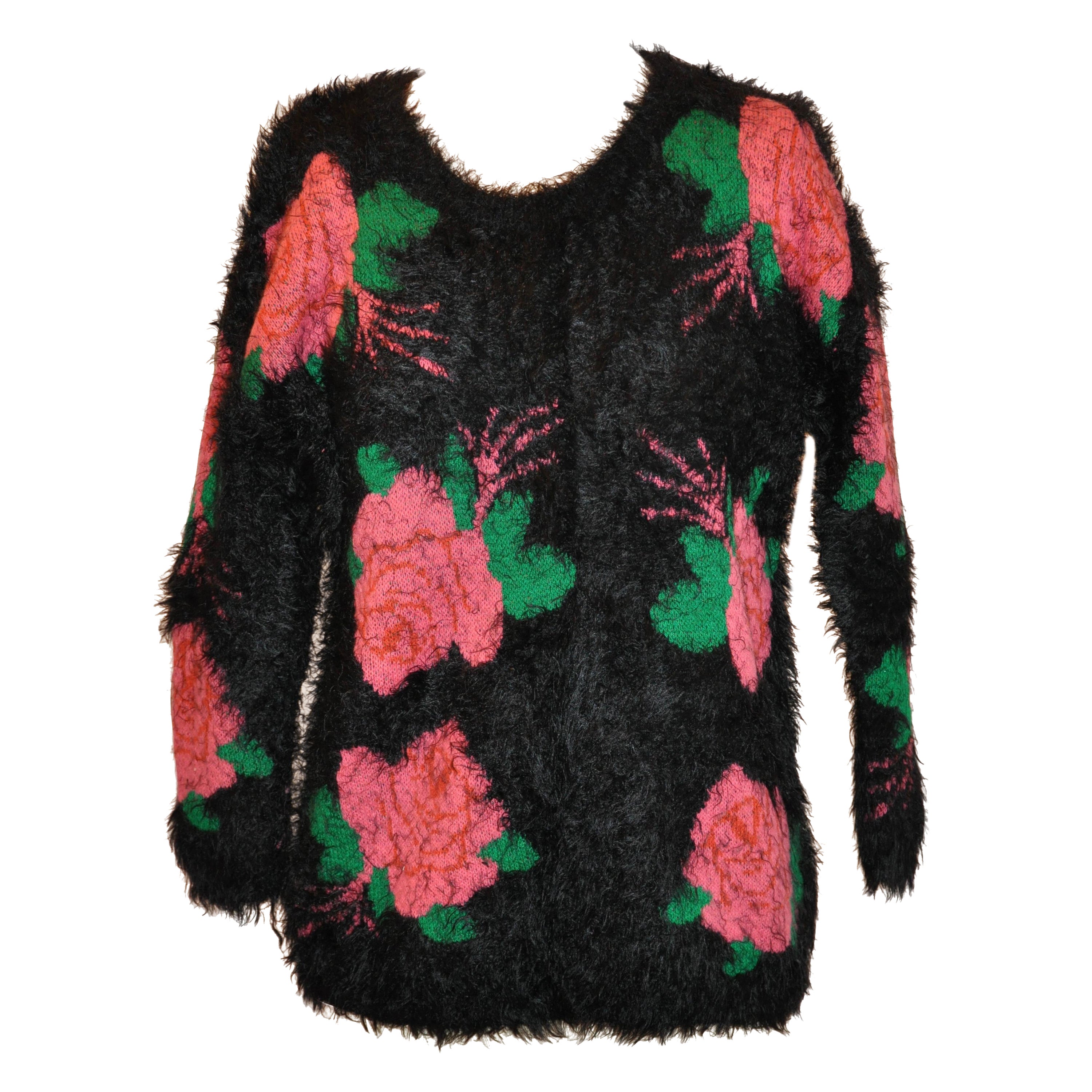 Fuzzy Soft Crewneck Black with Bold Floral Pullover Sweater For Sale