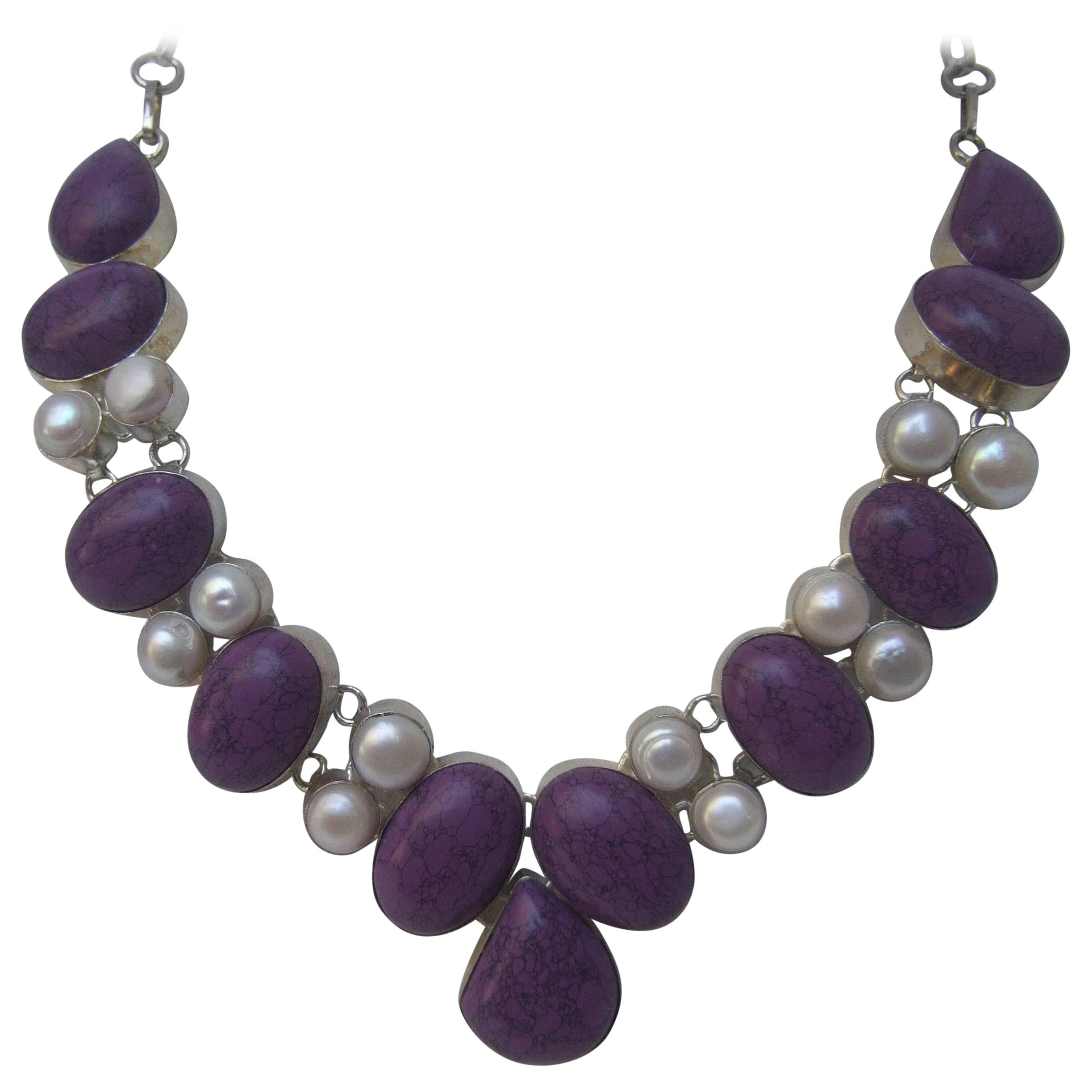 Sterling Artisan Purple Stone and Pearl Statement Necklace