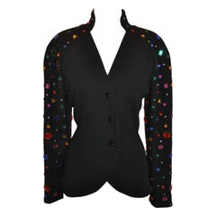 Black Wool Crepe Multicolor Encrusted Sleeves Scallop Jacket