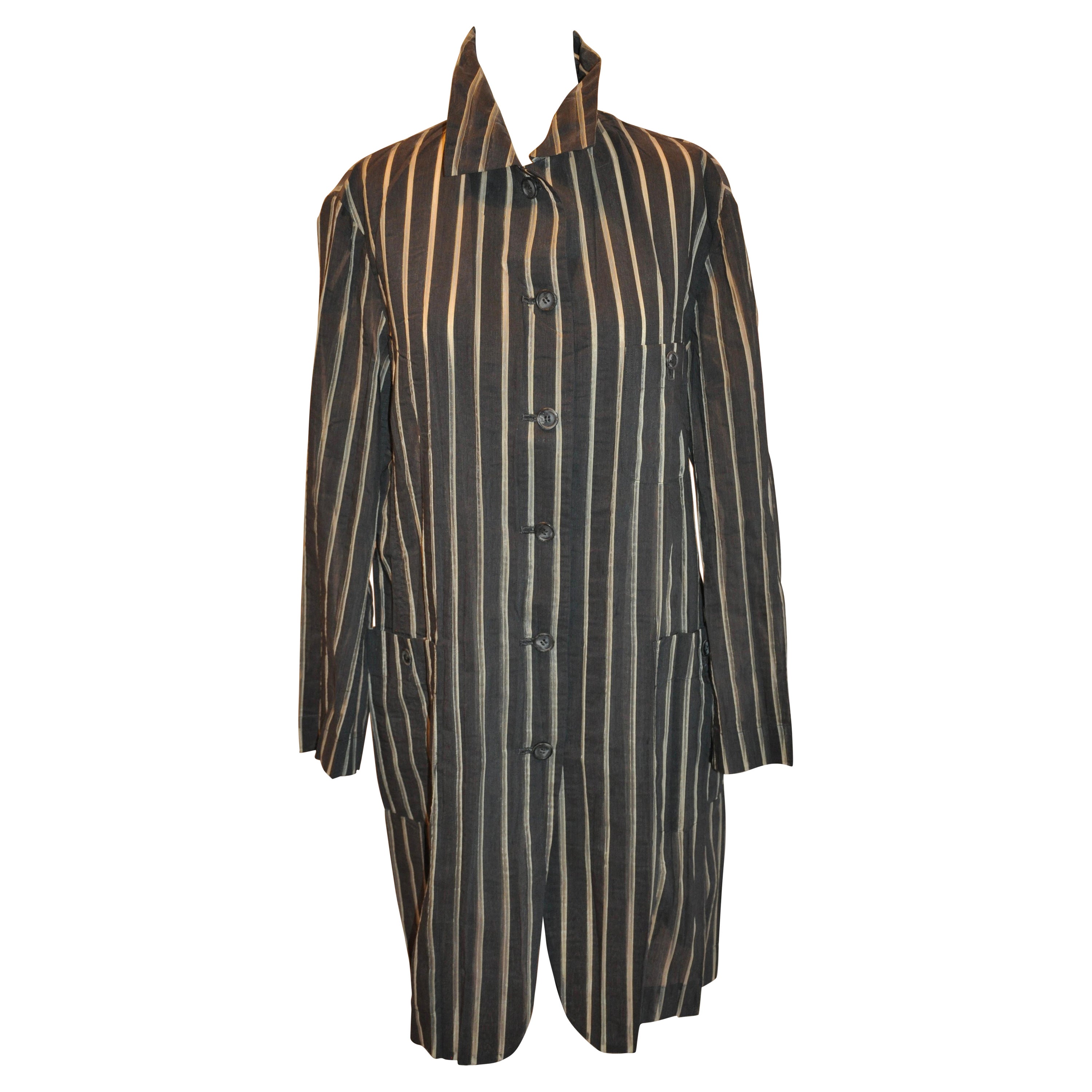 Issey Miyake Steel-Gray Striped Linen-Like Painter's Coat For Sale