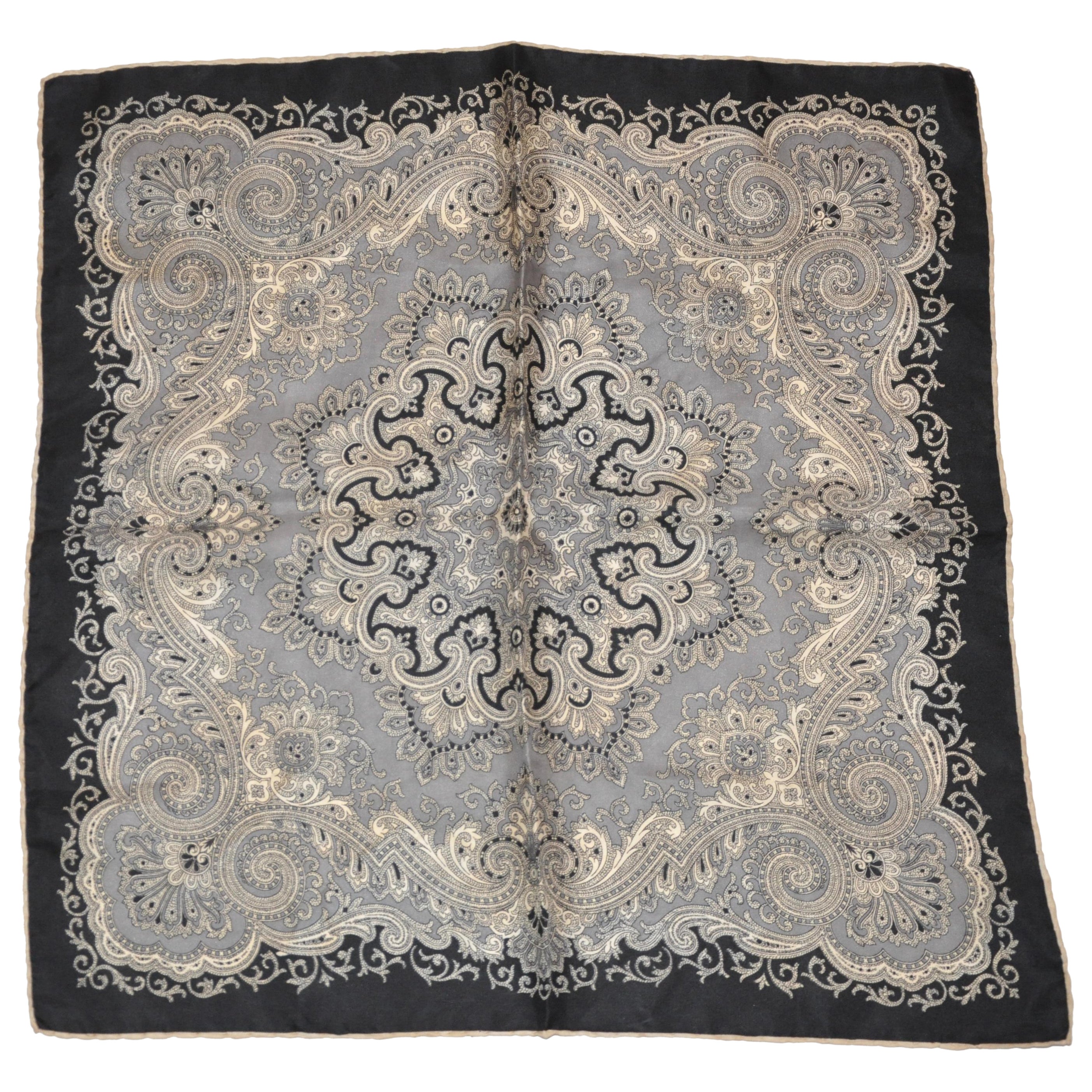 Vintage silk kimono Scarf  gray jacquard fabric with black lame border.