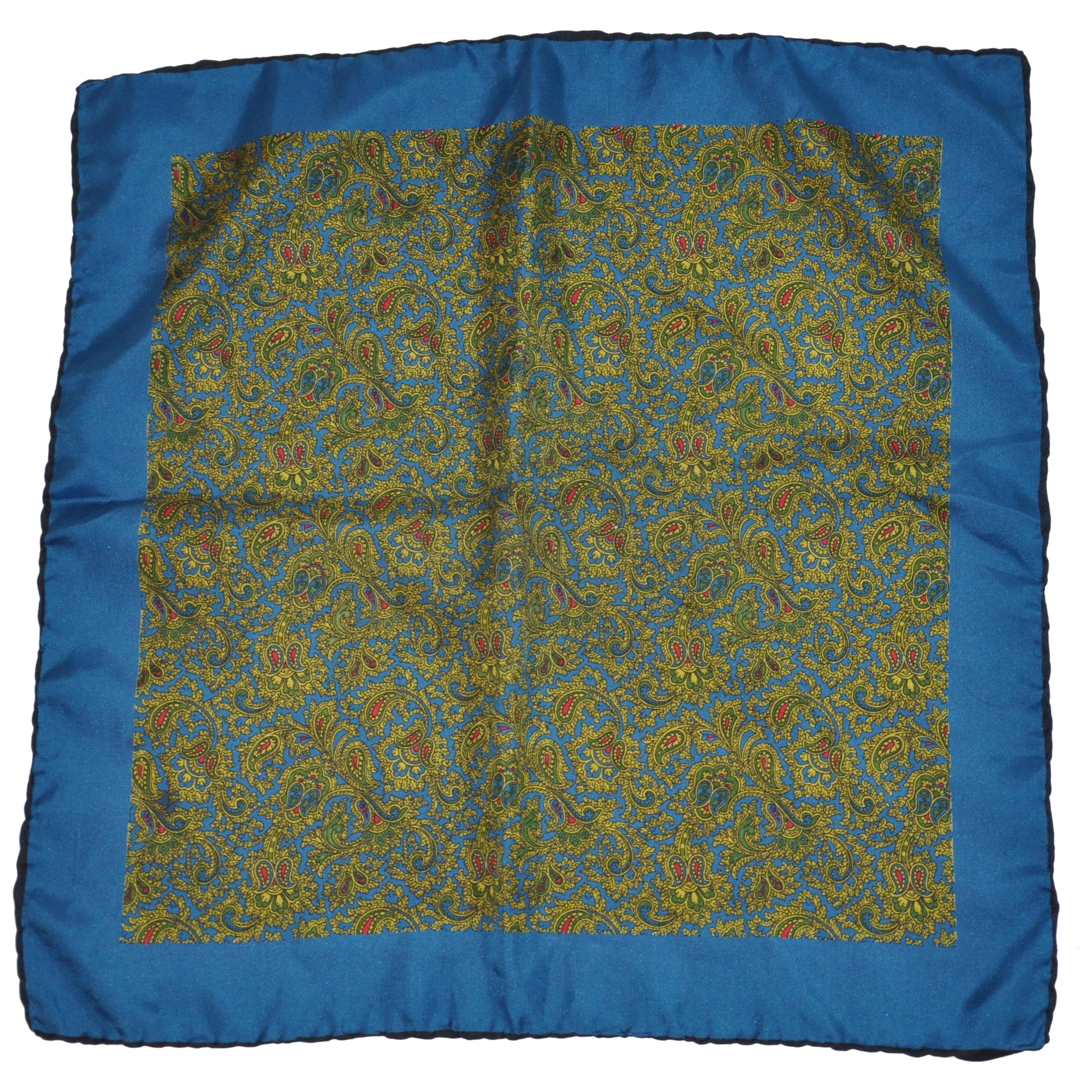 Deep Turquoise Border "Floral Paisley" Silk Handkerchief For Sale