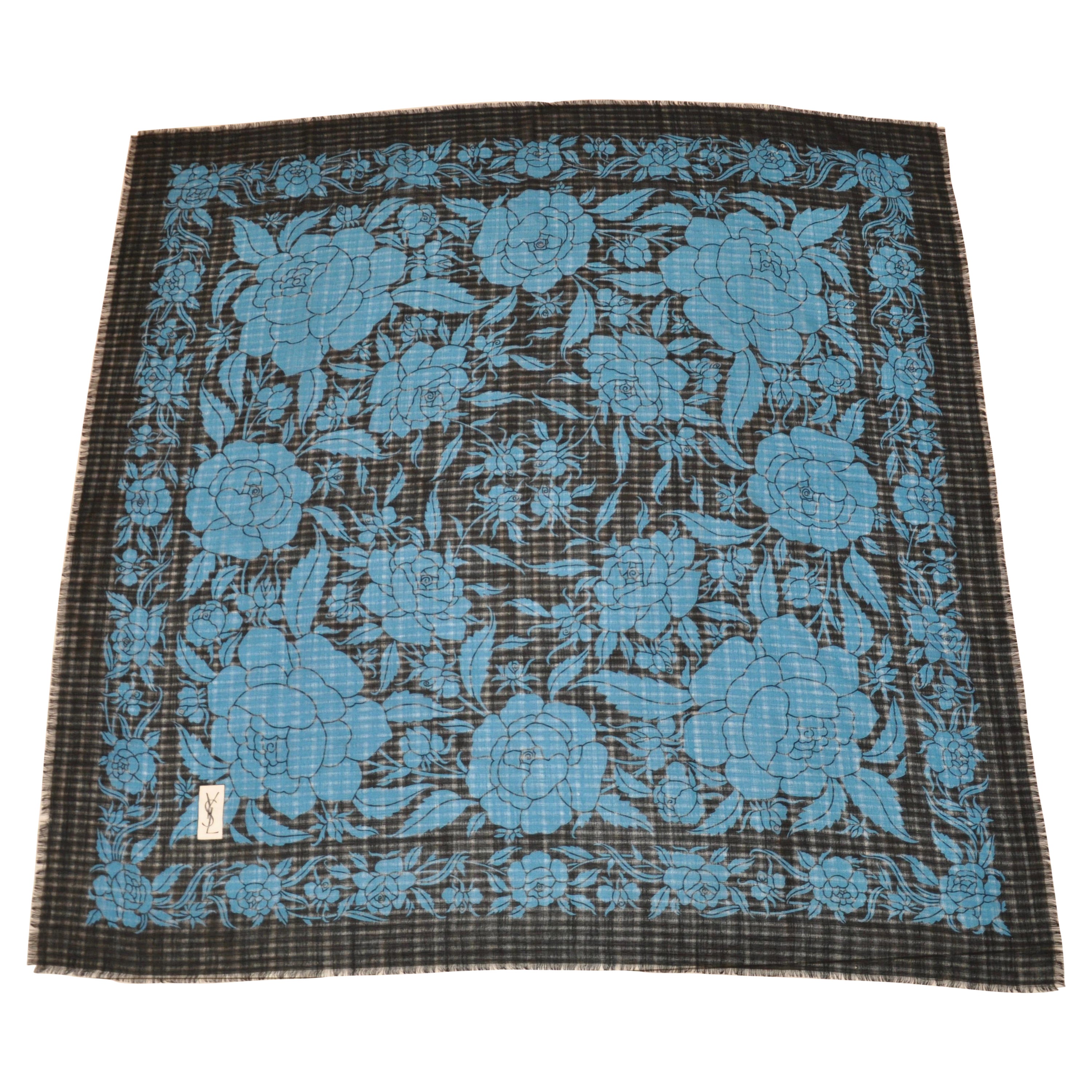 Yves Saint Laurent Royal Blue & Black Floral Wool Challis Fringe Scarf For Sale