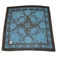 Yves Saint Laurent Royal Blue & Black Floral Wool Challis Fringe Scarf