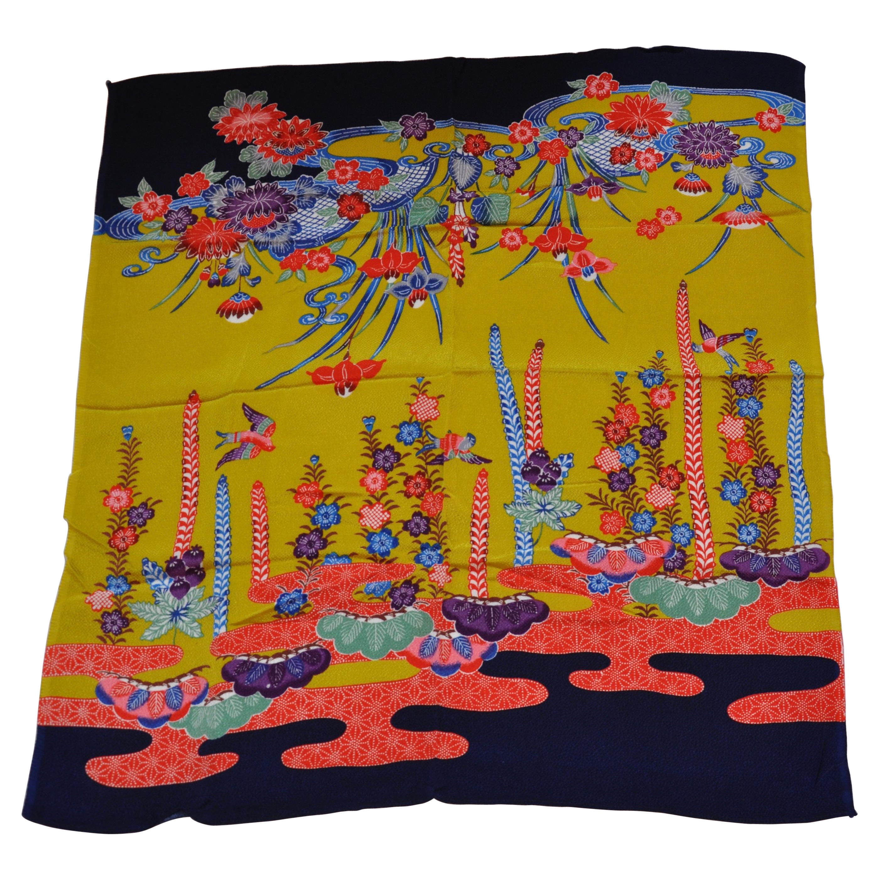Eye-Popping Multicolor "Floating Floral" Japanese Silk Scarf For Sale