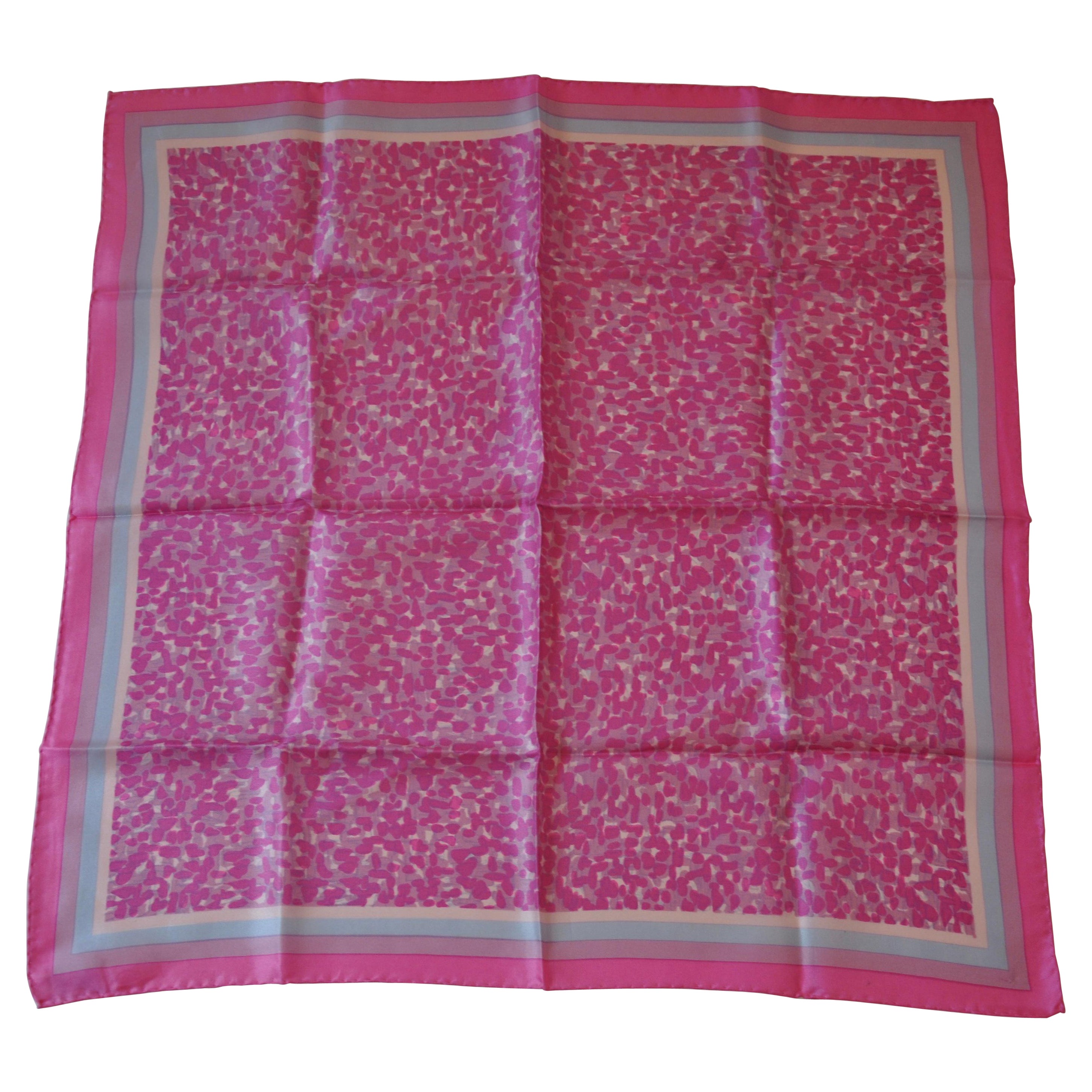 Lovely Shades of Fuchsia Specks Accented with Lavender Striped Border Silk Scarf For Sale