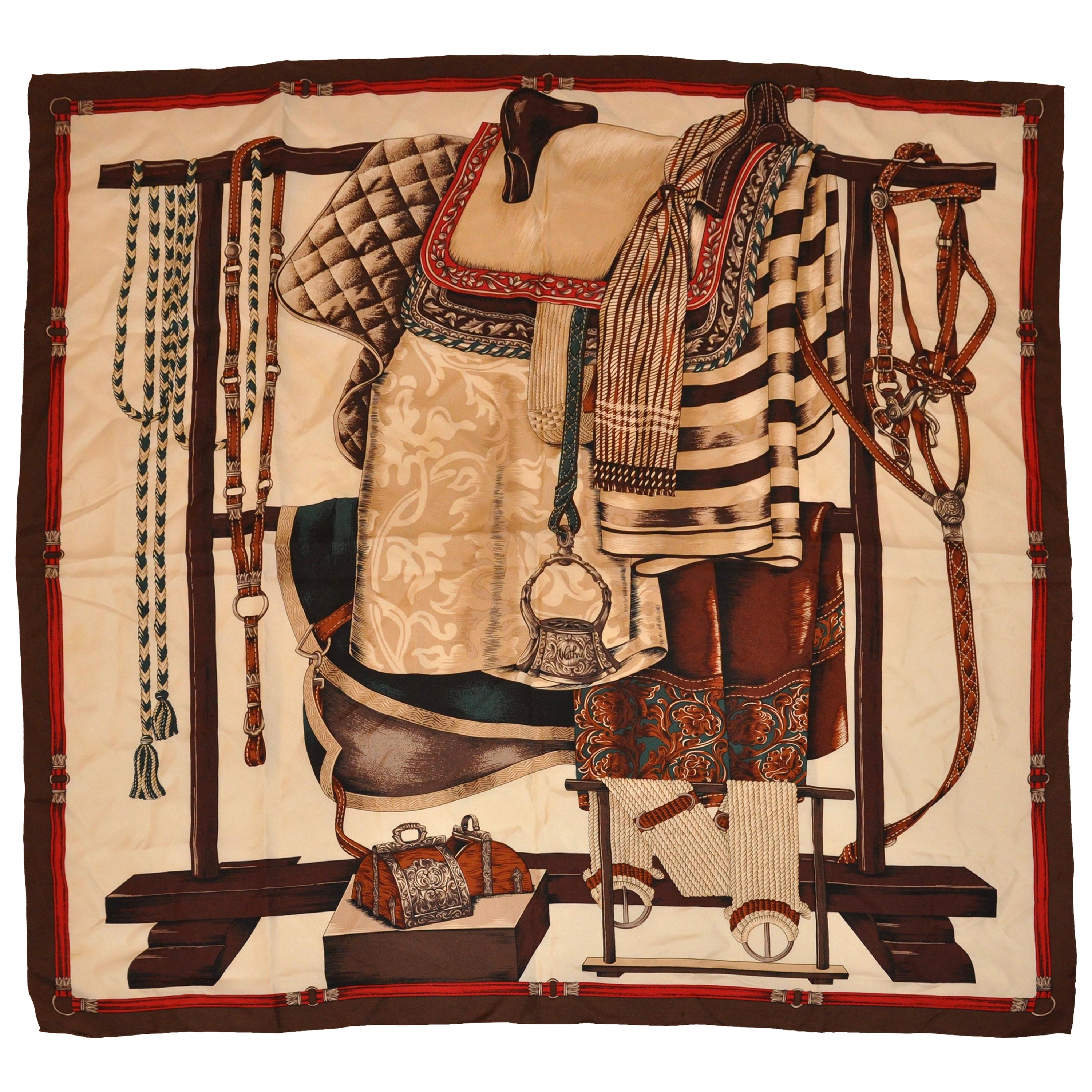 "W" "Riding Gear" with Coco-Brown Borders Silk Scarf For Sale