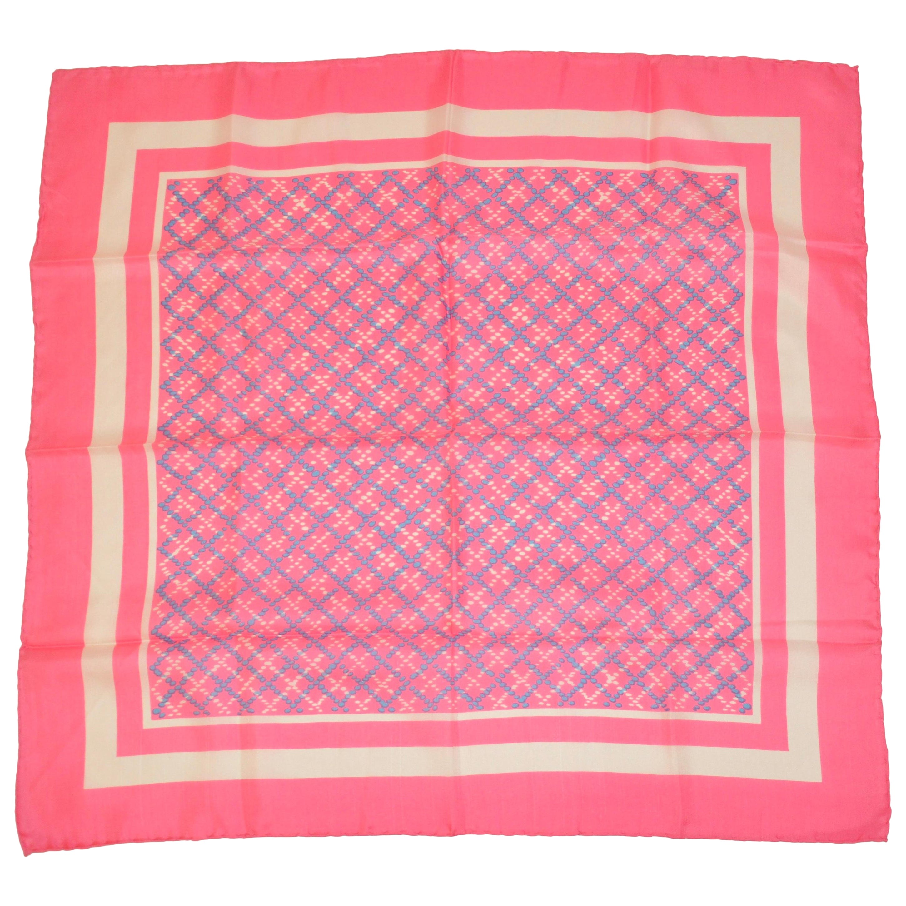 Whimsical Neon Pink with Specks of Baby Blue & White Silk Scarf For Sale