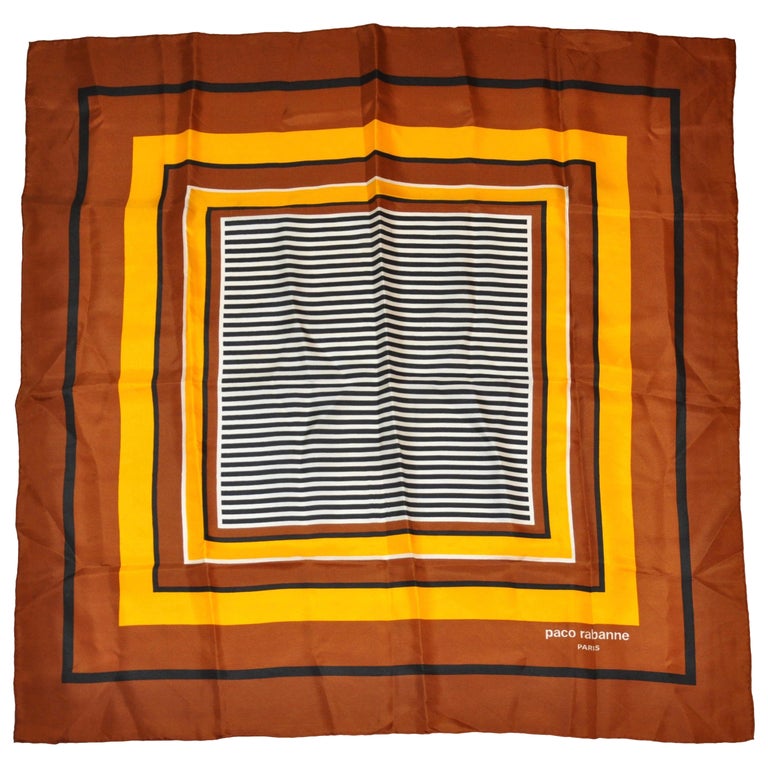 Paco Rabanne Rich Shades of Browns and Yellow Striped Center Silk Scarf For Sale