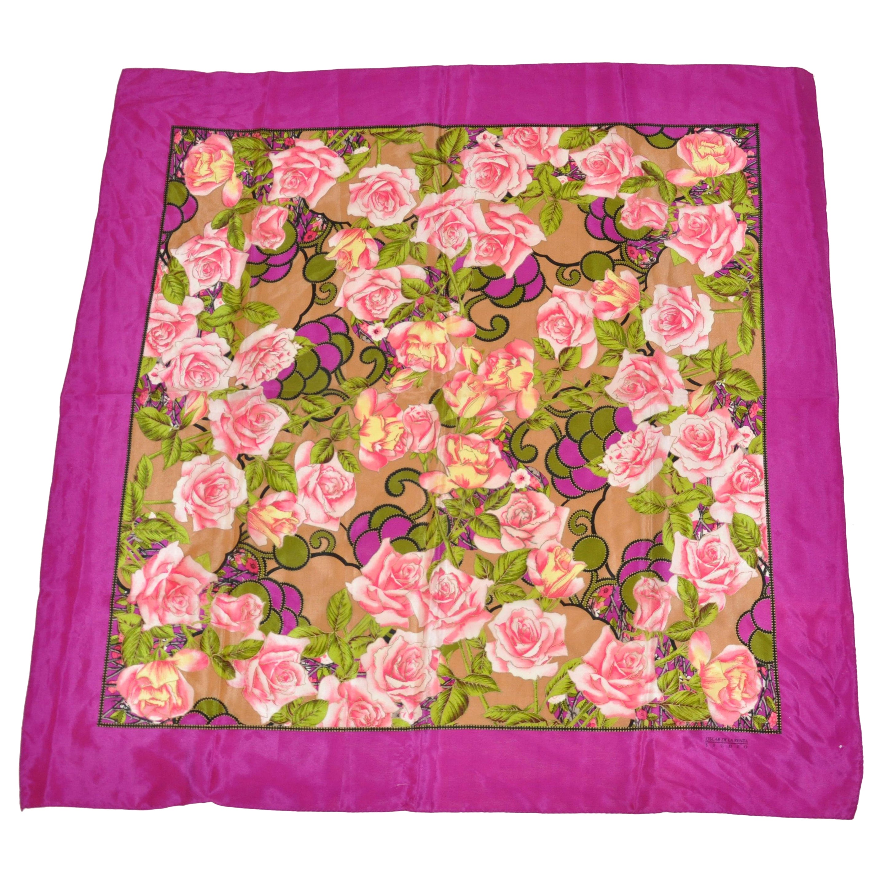 Oscar de la Renta Festive Bold Violet Border "Popping Roses" Silk Scarf For Sale