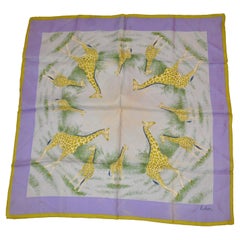 Vintage Beautiful Shades of Lavender & Olive-Green "Circle of Giraffes" Silk Scarf