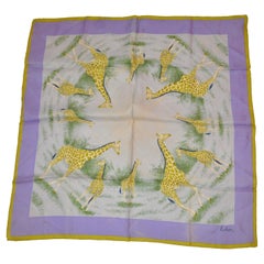 Retro Beautiful Shades of Lavender & Olive-Green "Circle of Giraffes" Silk Scarf