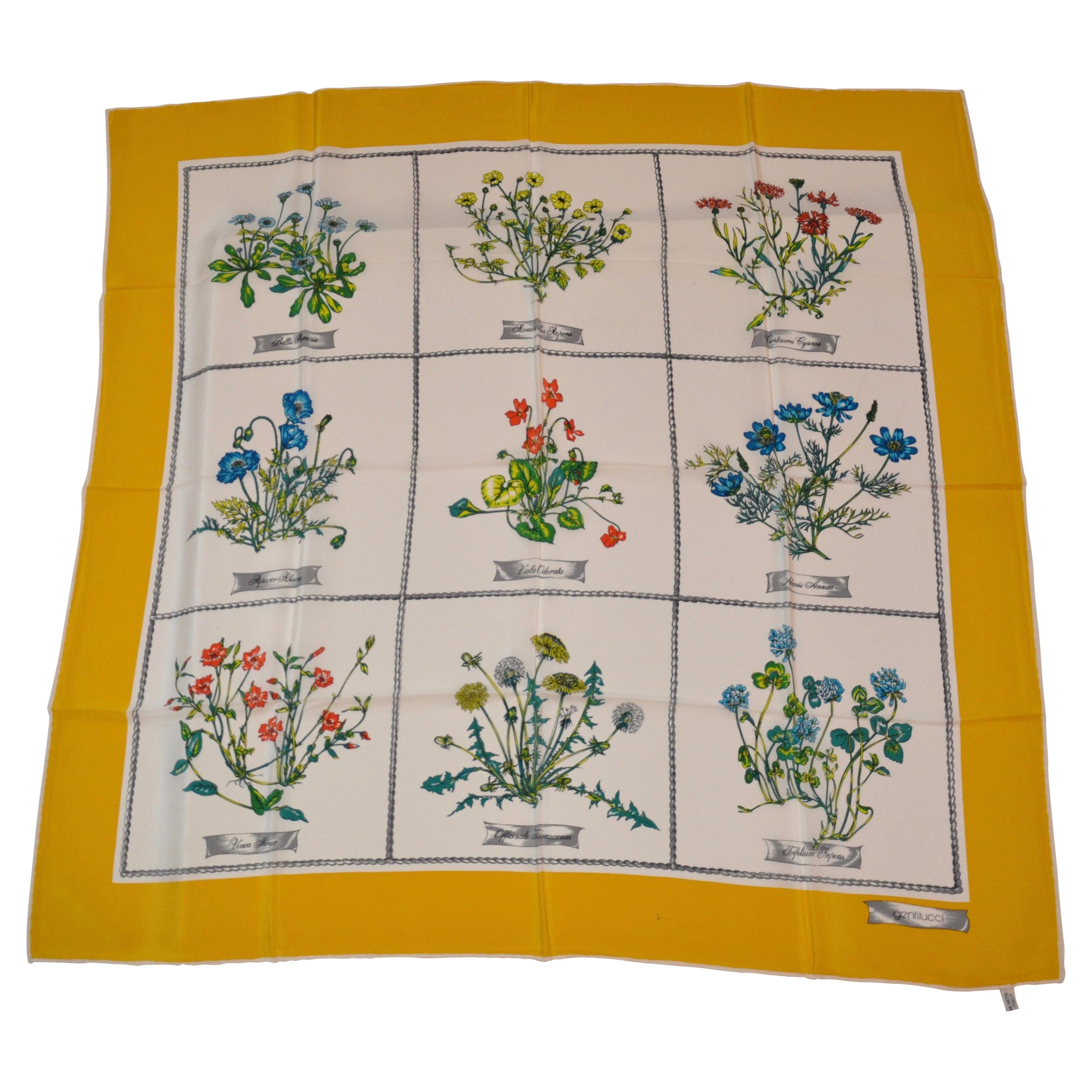 Gentilucci Wonderful Collection of Floral Listings w/ Yellow Borders Silk Scarf For Sale