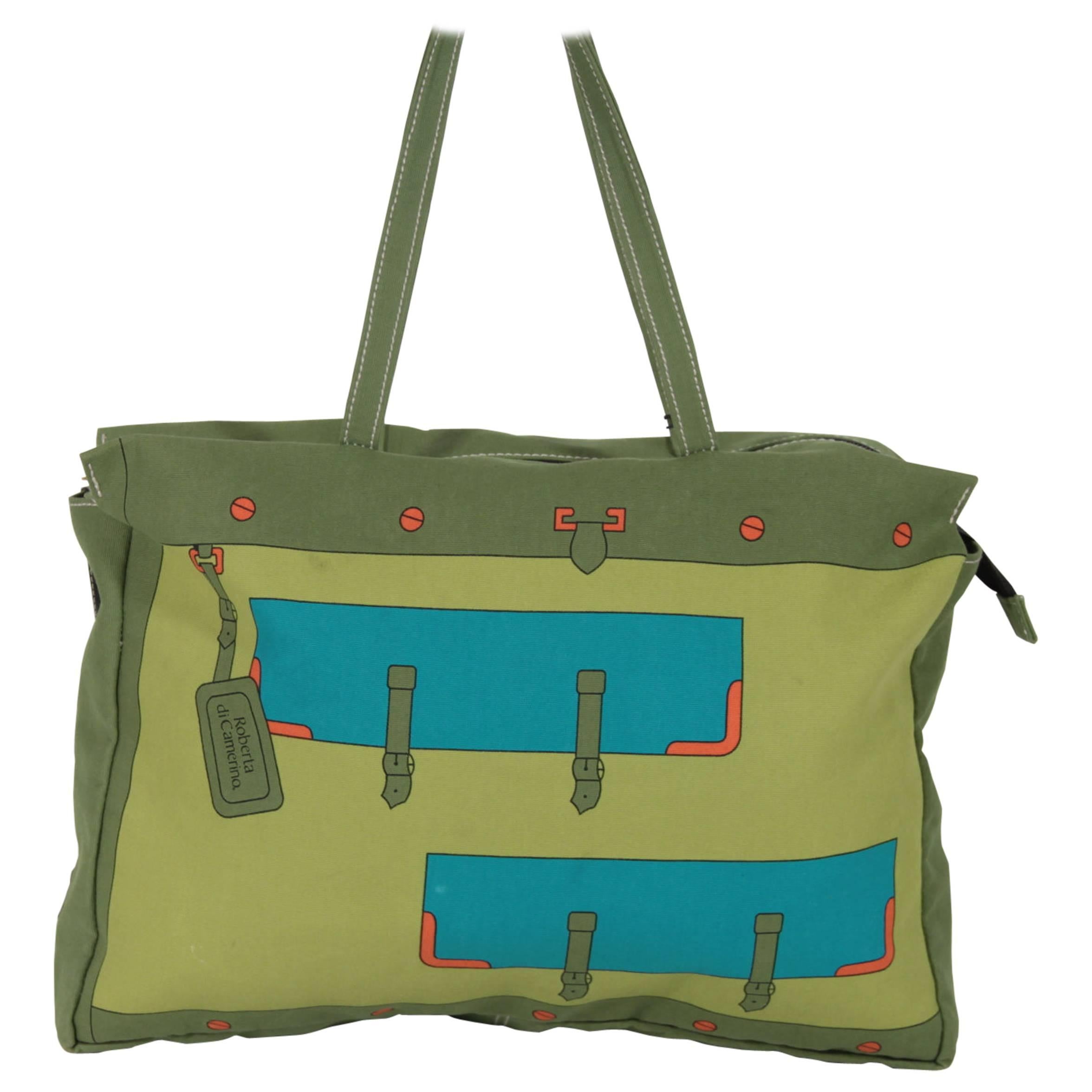 ROBERTA DI CAMERINO Italian Green Canvas LARGE TOTE Shoulder Bag