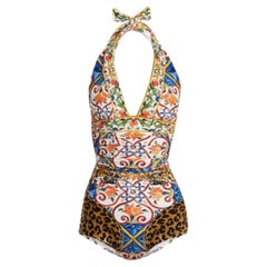 Dolce & Gabbana One-piece Multicolor Leopard Maiolica Print Swimsuit Swimwear 