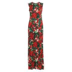 Dolce & Gabbana Red Geranium Print Viscose Jersey Crewneck Maxi Dress Long