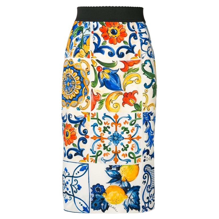 Dolce and Gabbana Multicolor Sicily Maiolica Print Silk Midi Skirt  Mid-length at 1stDibs