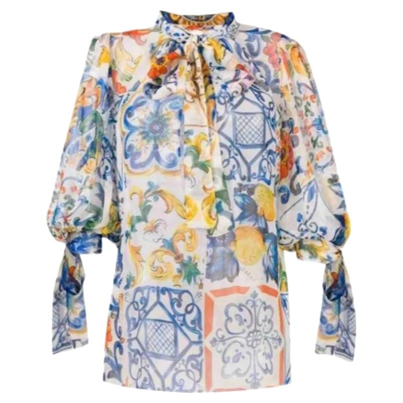 Dolce & Gabbana Multicolor Sicily Maiolica Floral Print Silk Twill Top Blouse 