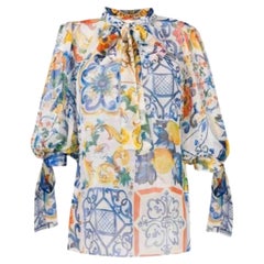 Dolce & Gabbana Multicolor Sicily Maiolica Floral Print Silk Twill Top Blouse 
