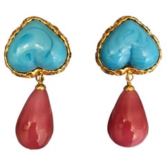 Vintage 1990s Chanel Turquoise Heart Tear Drop Gripoix Earrings