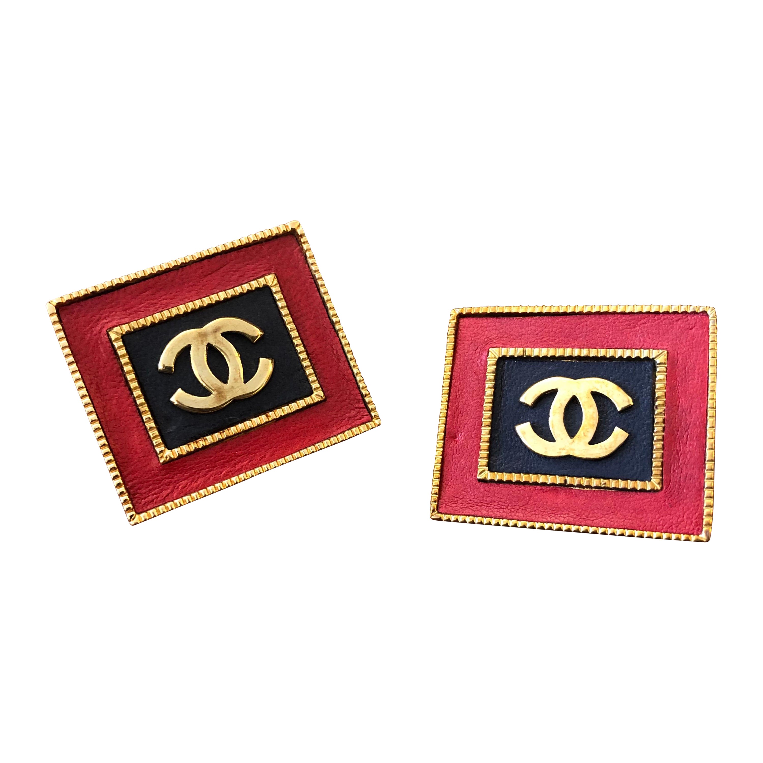 1990s Vintage Chanel Jumbo Black Red Leather Gold Toned Square Frame CC Earrings For Sale