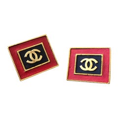 1990s Retro Chanel Jumbo Black Red Leather Gold Toned Square Frame CC Earrings